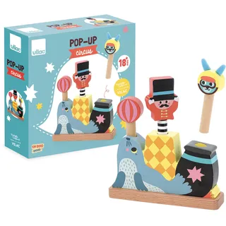 VILAC Pop-up Circus Michelle Carlslund Spielzeug für Kleinkinder – 1 Holzsockel + 3 Figuren aus Holz – Lernspiele für Kinder aus Holz – Spielzeug für Kinder ab 18 Monaten – 8573