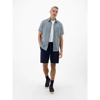 Kurzarmhemd LERROS, Herren, Gr. L, N-Gr, true blau, Web, Obermaterial: 80% Baumwolle, 20% Leinen, unifarben, regular fit normal, ohne Ausschnitt, gerader Abschluss, Hemden Kurzarmhemd, mit Logo Stickerei