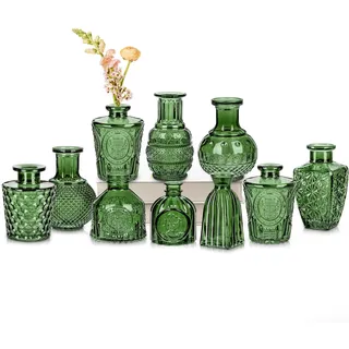 10er-Set Kleine Vasen Kleine Glasvase Vintage Deko Vasen Set Blumendekoration für Tischdeko Mittelstücke, Hochzeitsdekorationen, Blumen Deko Wohnzimmer Bad Muttertagsgeschenk, Grün
