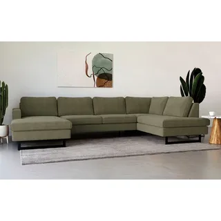 Places of Style Wohnlandschaft »Pinto, 350 cm, U-Form, XXL, mit Ottomanen«, Cord, Feincord, Luxus-Microfaser Leder und Chenille, grün