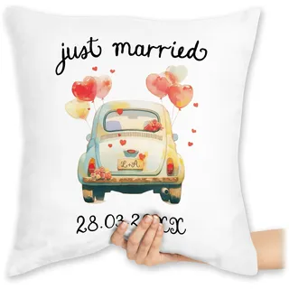 Kissen 40x40 Zierkissen - Hochzeit - Just Married Oldtimer - personalisiertes Geschenk Brautpaar Geldgeschenk - 40 x 40 cm - Weiß - personalisierte hochzeits für Hochzeitstag hochzeitsgeschenk