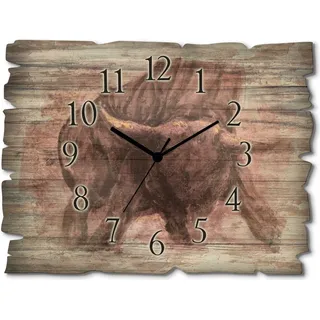 ARTland Holz Wanduhr Funkuhr - schwarzer Zeiger Katalanischer Stier Größe: 40x30 cm - Rot