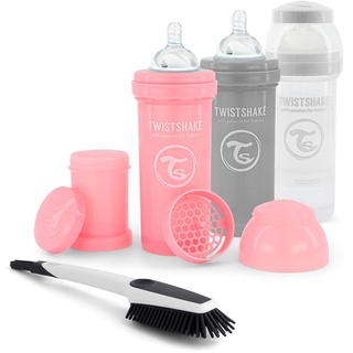 Twistshake Ensemble de Biberons Anti-Coliques avec Récipient à Lait en Poudre et Mélangeur-3 Pièces|Comprend 1 Brosse de Nettoyage| Tétine en Silicone à Débit Rapide | San BPA | 2 Mois+ | Rose Violet