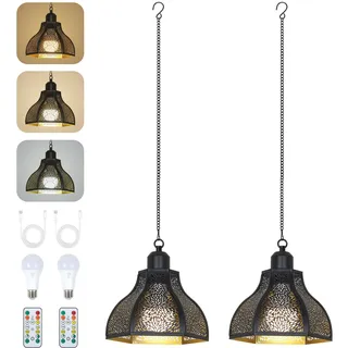 Rayofly 2 Stücke Akku Pendelleuchte Innen, Outdoor Hängelampe mit Batterie, Schwarz Hängeleuchte ohne Stromanschluss, Außen Gartenleuchten mit Birne & Fernbedienung, Outdoor Lampe für Terrasse, Balkon
