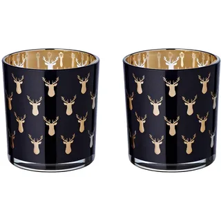 EDZARD 2er-Set Teelichtglas Rosy (Höhe 8 cm), schwarz, Hirsch-Motiv