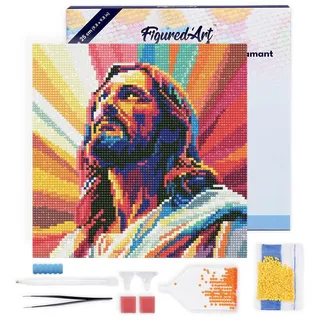Figured'Art Mini Diamond Painting Erwachsene 25x25cm Mit Rahmen Ganze Leinwand gespannt Strahlender Jesus 5D Bilder Runde Steine - DIY Set Basteln