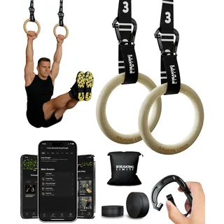 BREAKING LIMITS Gymnastik Ringe - Verstellbare Gurte mit Schnellverschluss & Karabiner - Texturierte & rutschfeste Birken-Holz Turnringe - Als Calisthenics Ringe, Crossfit & Fitness Ringe usw.