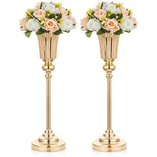 NUPTIO Blumenständer Metall Gold Vase: 2 Stück 54.6cm Hoch Blumenvase Hochzeit Ständer Trompete Vasen Metall für Goldene Hochzeit Mittelstücke Tischdeko Party Tafelaufsätze