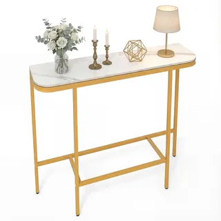 FANTASK Schmaler Konsolentisch Marmor Optik, Moderner Flurtisch mit Metallrahmen, Sofatisch für Flur, Büro, Eingang & Wohnzimmer, 110 x 30 x 91 cm (Weiß)