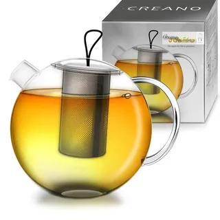 Creano XXL Teekanne Jumbo, 3-teiliges Teekannenset Mit Integriertem Edelstahl-Sieb & Glas-Deckel, Multifunktionale Design-Glaskanne, All-in-One, 2,0l