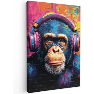 MuchoWow Leinwandbild Graffiti - Schimpanse - Straßenkunst - Kopfhörer - Affe Wanddeko Schlafzimmer 60x90 cm , Blau , Textil , Kiefer , Abstrakt , Rechteckig , 60x90 cm , FSC 100% , gerahmt , Bilder & Rahmen, Bilder, Leinwandbilder
