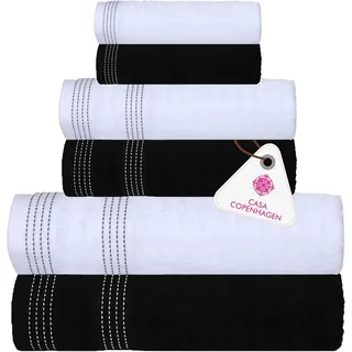 Casa Copenhagen Elegance 6-teiliges Handtuchset, Schwarz + Weiss, 550 g/m2, 2 Badetücher, 2 Handtücher, 2 Waschlappen aus weicher ägyptischer Baumwolle für Badezimmer, Küche und Dusche