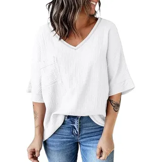 Damen-Top mit V-Ausschnitt, Brusttasche, mittellangen Ärmeln, Oversize-Schnitt, bequeme, lockere Sommerbluse, lange Ärmel, Unifarbe – Weiß