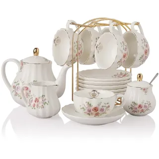 Sweejar Home Porzellan Teeservice Royal Family 225ml zu Tassen und Untertassen mit Teekanne Zuckerdose Milchkännchen Keramik Tee und Kaffeetassen (Rose Flower)