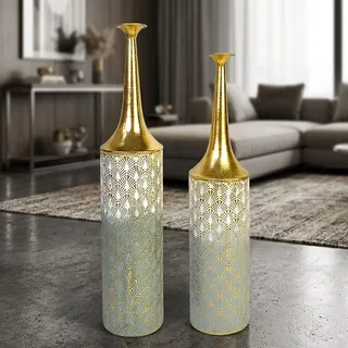 Leewadee Bodenvase Set (2 Stück) mit abnehmbarem Deckel - Moderne, große, hohe Deko-Vasen in Gold, 65/55 cm - für Wohnzimmer, Flur, Kamin & Büro - für Pampasgras, Trocken- & Kunstzweige