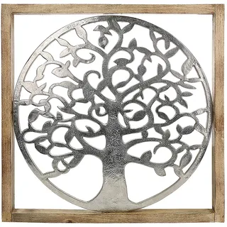 GILDE Deko Bild XXL Lebensbaum - Baum des Lebens Aluminium - mit Holzrahmen 60 x 60 cm - Wanddeko Wohnzimmer - Farben: Silber Braun