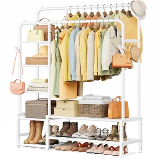 SONGMICS Kleiderständer, Garderobenständer mit 7 Ablagen, Metallrahmen | Offener Kleiderschrank, 2 Kleiderstangen, 45 x 115,8 x 172,8 cm, für Schlafzimmer, weiß, PATAYE Kollektion HSR182WG01