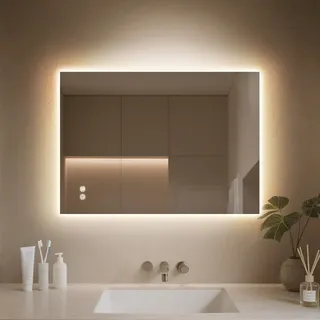 PINNIP Badspiegel mit Beleuchtung, Rechteckig Spiegel mit Beleuchtung, Badezimmer Spiegel 80x60 cm, 3 Lichtfarben, HD Tempered Glass, Antibeschlag, Touch-Schalter