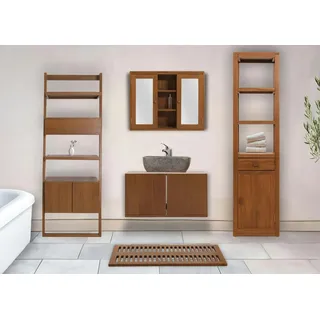 Mendler Teak-Badezimmer-Set HWC-M86, Waschtisch Regal Leiterregal Wandspiegel Badematte, hochwertiges B-Grade-Teak
