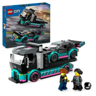 LEGO City Autotransporter mit Rennwagen, LKW-Spielzeug mit Verstellbarer Laderampe und Renn-Auto, Bauset mit 2 Minifiguren, Rennfahrer und LKW-Fahrer, Kinder ab 6 Jahren 60406