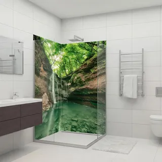 dedeco 2tlg. Eck-Duschrückwand Wasserfall V5 individuell nach Maß Alu 3mm | Wasserfeste Duschrückwand, Alu-Verbundplatte classic – fugenlos, pflegeleicht, Fliesenersatz, Made in Germany