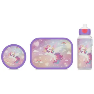 Mepal - Pausenset Campus - Set für Kinder mit Pop-up Trinkflasche, Lunch Box & Obstbox - Lunch-Set für die Schule oder unterwegs - Spülmaschinenfest - 400 + 750 + 300 ml - Unicorn Glow