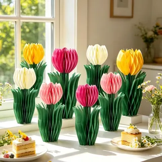 SUNBEAUTY 8 Stück Tulpen Wabenbälle Weiß Rosa Papier Blumen Dekoration Gelb Tulpe Dekor für Tischdekoration Geburtstag Hochzeit Frühling Deko