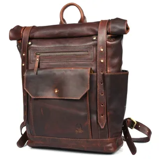 Corno d ́Oro Handmade Rolltop Rucksack Herren Groß aus Premium Leder I 20l Lederrucksack Damen für 17 Zoll Laptop I XL Backpack Leather Vintage Braun