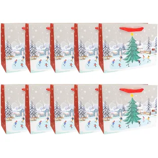 Idena 30490-10 - Geschenktüten Winter, 10 Stück, Geschenktaschen in der Größe 26 x 20 x 11 cm, Papiertüten Winter in Rot und Weiß mit Schnee und Weihnachtsbaum