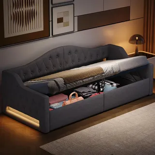FAVSH Polsterbett Schlafcouch 90x200 mit Bettkasten, Tagesbett mit LED-Beleuchtung und Stauraum, Multifunktionales Sofabett Einzelbett für Gästezimmer und Jugendzimmer, Ohne Matratze(Grau)