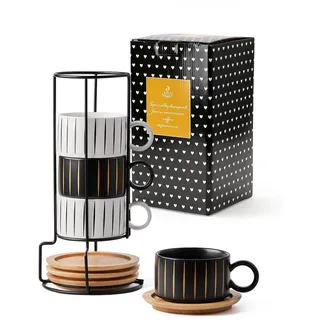 HOME DECOR Cappuccino Tassen Set - 4 x 160 ml Kaffeetassen mit Unterteller & Ständer - Edle Keramik Tassen für Espresso, Cappuccino und Latte - Stripe Kollektion