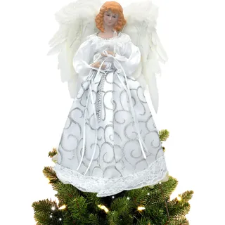 Engel Weihnachtsbaumspitze, Weihnachtsengel Baumkrone Figur, Indoor Weihnachtsdekoration mit Federflügeln, 32 cm (Silber)