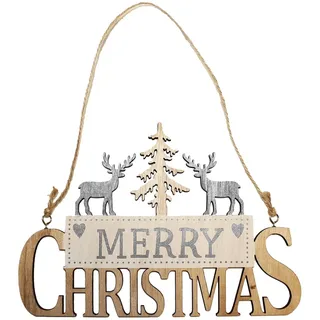 Fröhliche Weihnachten Holz Hängeschild Mit Rentier Und Baum - Silber