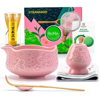 7-teiliges Matcha-Set, rosa, Keramikschale (Chawan) mit Ausguss und Bambusbesen, komplettes Set für Matcha-Zeremonien und Latte Macchiato, Geschenk für Matcha-Liebhaber