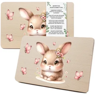 Yabaduu Individuelles Holzbrett für Kinder 23,5x15cm Frühstücksbrettchen Brotzeitbrett personalisiert aus Holz Tier-Motiv als Geschenk Geburtstag Kind RV007 (01 Hase rosa, Ohne Wunschname)