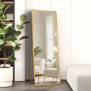 AUFHELLEN Standspiegel mit Kupfer Metallrahmen 140x40cm HD Groß Ganzkörperspiegel mit Haken für Wohnzimmer oder Ankleidezimmer (Golden)