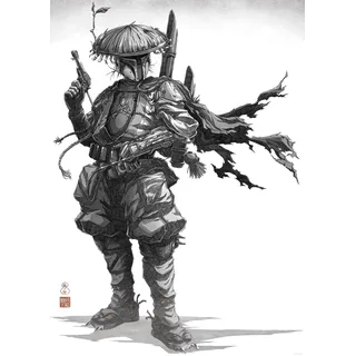 KOMAR Wandbild Star Wars Vision Samurai Bounty Hunter 50 cm x 70 cm Schwarz-Weiß