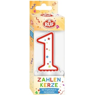 RUF Zahlenkerze Nummer 1, rote Geburtstags-Kerze mit bunten Sternchen, hochwertige Jubiläums-Kerze mit Tropfschutz, ideal als Kuchen Deko, 1 Stück