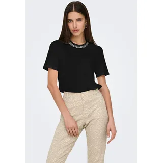 Kurzarmshirt ONLY "ONLPARKER S/S O-NECK BLING TOP BOX JRS", Damen, Gr. M, schwarz detail:rhinestone necklace, Jersey, Obermaterial: 50% Baumwolle, 50% Modal, unifarben, figurbetont normal, Rundhals, Shirts Kurzarmshirt, Materialmix, regular fit, Rundhals, mit Strass-Stein Detail