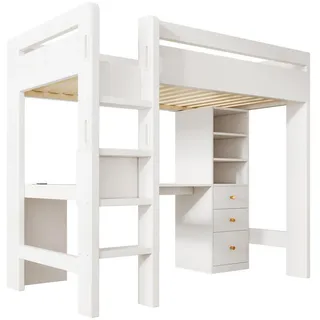 Stilvora Hochbett 90/200 cm in Weiß Jugendbett mit Schreibtisch, 3 Schubladen, Regal und USB/Type-C , Holzwerkstoff , 90x200 cm , Babymöbel & Kindermöbel, Kinderzimmer & Jugendzimmer, Kinderbetten, Hochbetten
