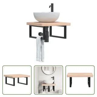 The Living Store Waschtischplatte mit Halterung Stahl und Massivholz Eiche - Braun