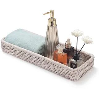 Rattan Badezimmer Eitelkeit Tabletts Toilettenbehälter Korb Aufbewahrung Lange Schmale Handtuch Aufbewahrungskorb für Lagerung, Dekorativ (Weißwäsche 41.5 x 15.5 x 5cm)