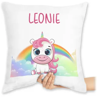 Kissen 40x40 Zierkissen - Einhörner - Süßes Einhorn mit Name personalisiert I Unicorn - 40 x 40 cm - Weiß - einhornkissen Unicorns Kita Einhorn-Kissen einhörnern Regenbogen kuschelkissen