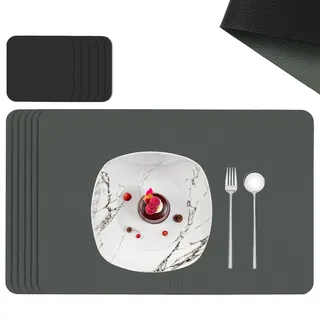 sänger | Untersetzer & Platzsets abwaschbar aus Kunstleder 12 teilig, Platzdeckchen Tischuntersetzer für 6 Personen-rutschfest doppelseitig wasserdicht- Tischset Untersetzer Grau Schwarz 44,5 * 30cm