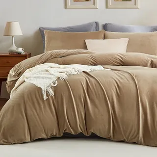 Michorinee Winter Plüsch Bettwäsche Set 220x240 cm Khaki 3teilig | Oeko‐Tex Winterbettwäsche, Cashmere Touch, Flauschig & Warme Coral Fleece, Bettbezug 220x240 cm + 2 Kissenbezug 80x80 cm