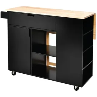 Costway Küchenwagen mit ausziehbarer Arbeitsfläche, Servierwagen auf Rollen, Kücheninselwagen Holz, Küchenschrank mit Ablagen & Schublade & Gewürzregal, Küchentrolley für Küche Esszimmer (Schwarz) - Schwarz