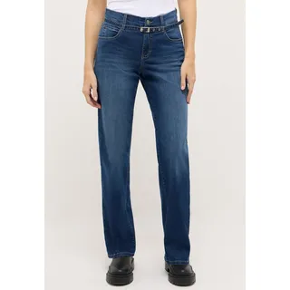 5-Pocket-Jeans ANGELS "Liz City", Damen, Gr. 36, Länge 32, mid blau used, Denim/Jeans, Obermaterial: 89% Baumwolle, 8% Polyester, 3% Elasthan, relaxed fit lang, Jeans 5-Pocket-Jeans, mit Gürtel, Relaxed Fit