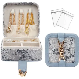 Reise-Schmuckschatulle für Damen, Blumenstickerei, Vintage-Schmuck-Organizer, tragbarer, kompakter Schmuckkoffer mit sicherem Verschluss und Samtfutter, Geschenkidee (blau)