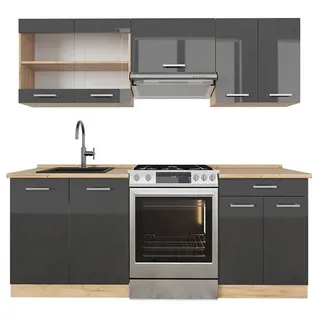 Vicco Küchenzeile R-Line 200 cm Anthrazit Hochglanz/Goldkraft Eiche