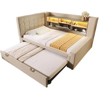 Modfu Polsterbett aus Leinen und Metall 90x200 cm in Beige mit LED & Usb-C , Textil , 90x200 cm , Schlafzimmer, Betten, Polsterbetten